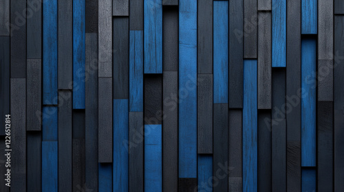 Wallpaper Mural Blue and Gray Wood Panel Texture: Abstract background image featuring a vertical array of dark blue and gray wood planks, creating a sophisticated and textured backdrop with varying depths and shades. Torontodigital.ca