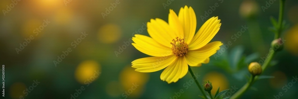 Yellow petals unfolding on a branch of the cosmos flower, nature, spring, bloom Yellow petals unfolding on a branch of the cosmos flower, nature, spring, bloom