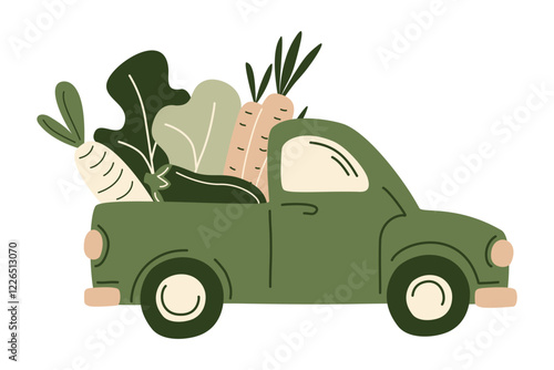 Retro farm pickup truck filled fresh grocery products from supermarket or farmer market. Organic fresh vegetables in the car for eco-friendly design of food delivery, Vector illustration in flat style