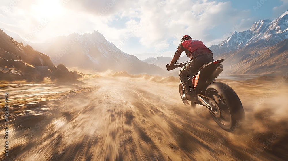Obraz premium Motocross Rider Speeds Through Mountainous Terrain