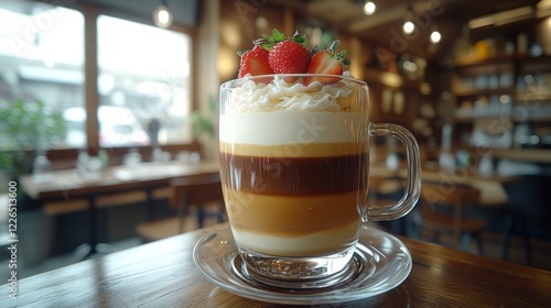 Layered coffee dessert, cafe, strawberries, creamy, delicious photo