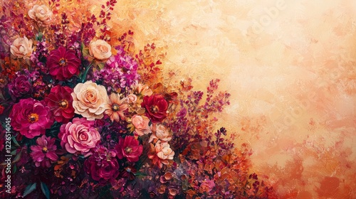 Valentine mockup card elements design. Floral Garden with Pink White and Crimson Blooms on a Textured Warm Background Oil Painting.