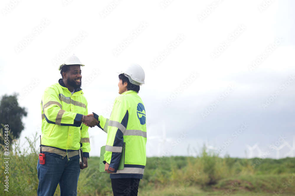 Two young engineer handshake about agreement of success renewable in wind turbines farm, renewable energy and sustainable collaboration for success and innovation, engineer shaking hands. Two young engineer handshake about agreement of success renewable in wind turbines farm, renewable energy and sustainable collaboration for success and innovation, engineer shaking hands.