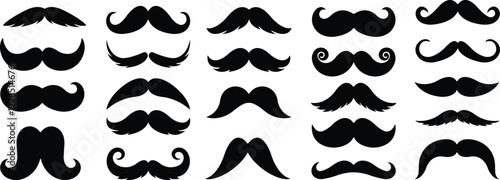 Mustache Black silhouette icon in flat set. Symbol of Father day man mustaches Vector for apps or website Moustache for men face whisker tendril isolated on transparent background.