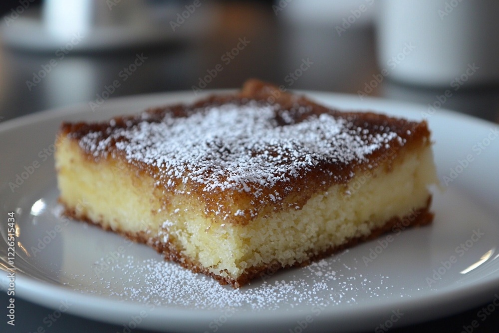 Delicious slice of moist cake dusted with powdered sugar, served on a plate with a blurred background Delicious slice of moist cake dusted with powdered sugar, served on a plate with a blurred background