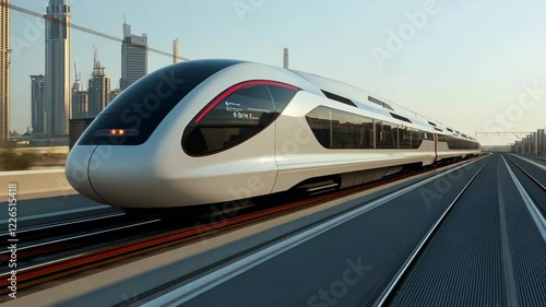 Wallpaper Mural A sleek high-speed train glides along tracks in a modern city during sunset, showcasing advanced design and technology Torontodigital.ca