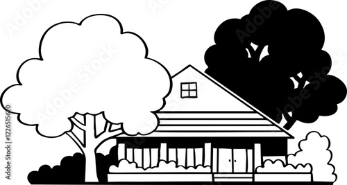 hand drawn cartoon of house with garden illustration.