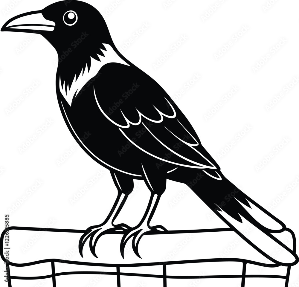 Fototapeta premium A crow standing on a fence, looking mysterious.