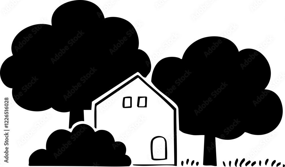 hand drawn cartoon of house with garden illustration. hand drawn cartoon of house with garden illustration.