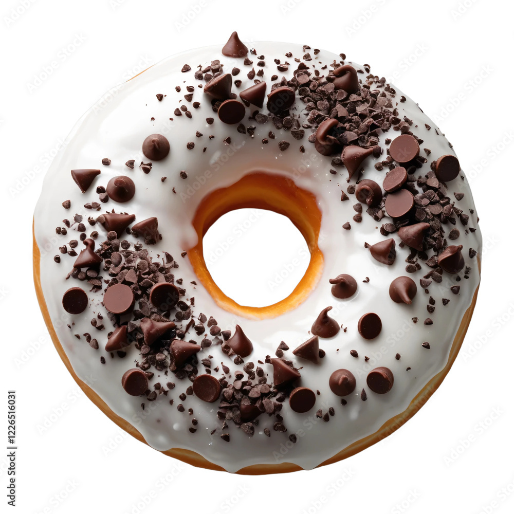 Fototapeta premium White glazed donut with chocolate chips isolated on transparent background