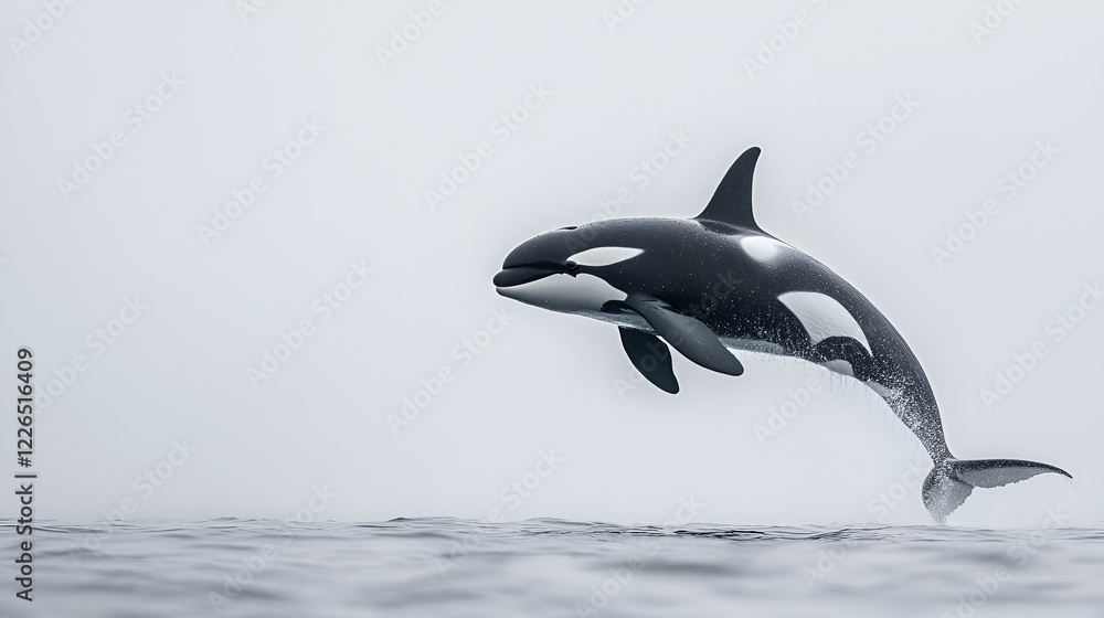 Fototapeta premium Orca Breaching: A majestic orca, powerfully leaping from the ocean's surface, cuts a striking silhouette against a misty, gray sky. Its sleek, black and white form is captured in breathtaking detail.