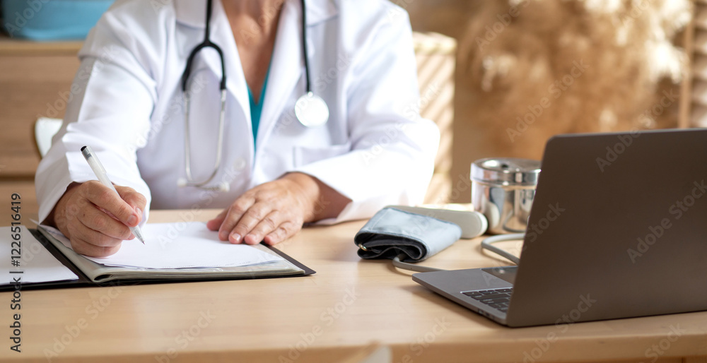 Senior woman doctor in white coat with stethoscope working with writing notes of patient while laptop on desk in modern medical office, female doctor diagnosis with concentration in clinic. Senior woman doctor in white coat with stethoscope working with writing notes of patient while laptop on desk in modern medical office, female doctor diagnosis with concentration in clinic.