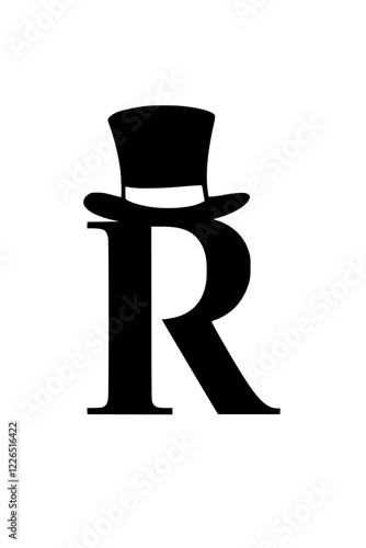 Letter R with Elegant Top Hat Design, Stylized black and white letter R adorned with a classic top hat, representing sophistication, elegance, and vintage-inspired typography design.  
  
