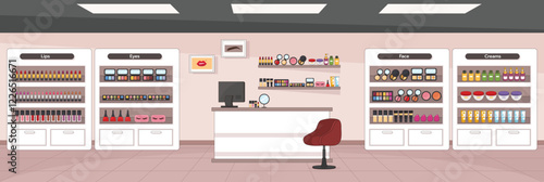 Cute and nice design of Cosmetics Store with furniture and interior objects vector design