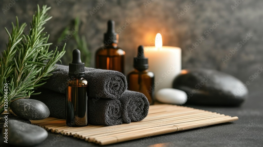 Serene spa setting with essential oils, rolled towels, and a candle. Serene spa setting with essential oils, rolled towels, and a candle.