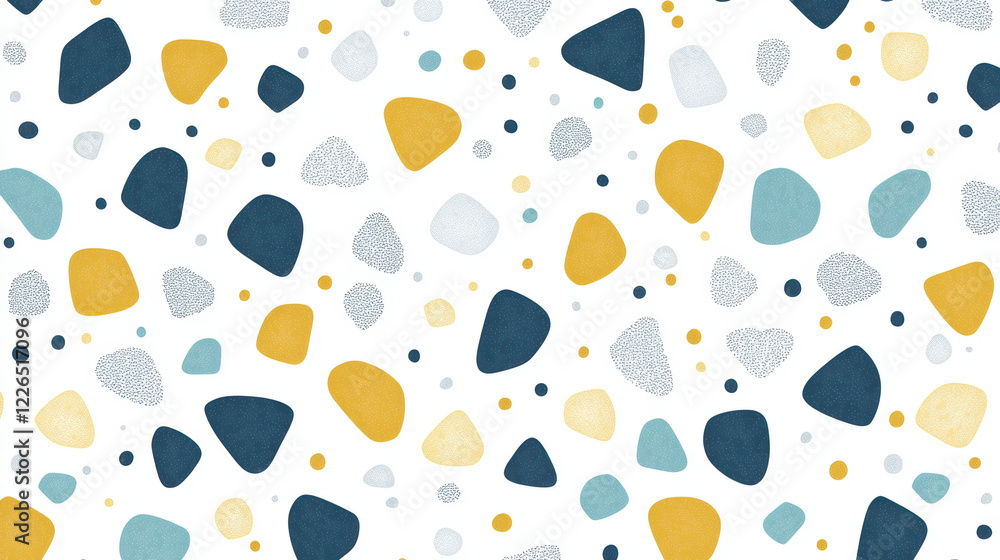 Fototapeta premium vibrant and playful pattern featuring layered abstract shapes in blue, yellow, and muted tones, scattered across white background, evoking cheerful and modern design