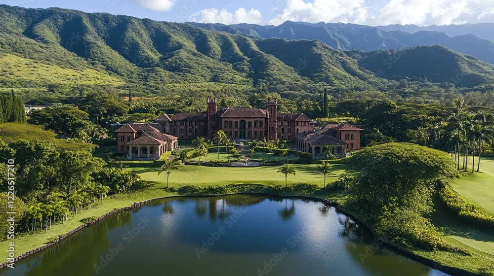 Aerial view of mansion, lush valley, pond, golf course Aerial view of mansion, lush valley, pond, golf course