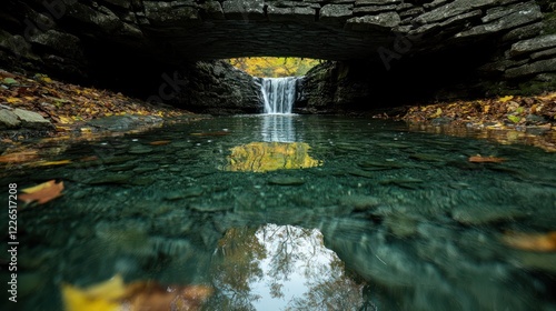 Autumn Waterfall Under Stone Bridge