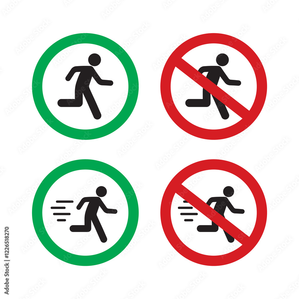 Stop do not run, zone with restrictions, set of pictograms. Forbidden running or jumping icon. Forbid fast walking area. Run allowed, no ban green signboard. Walk slowly. Stop do not run, zone with restrictions, set of pictograms. Forbidden running or jumping icon. Forbid fast walking area. Run allowed, no ban green signboard. Walk slowly.
