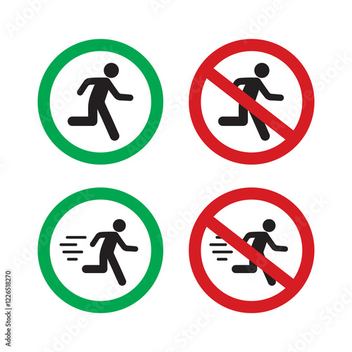 Stop do not run, zone with restrictions, set of pictograms. Forbidden running or jumping icon. Forbid fast walking area. Run allowed, no ban green signboard. Walk slowly.