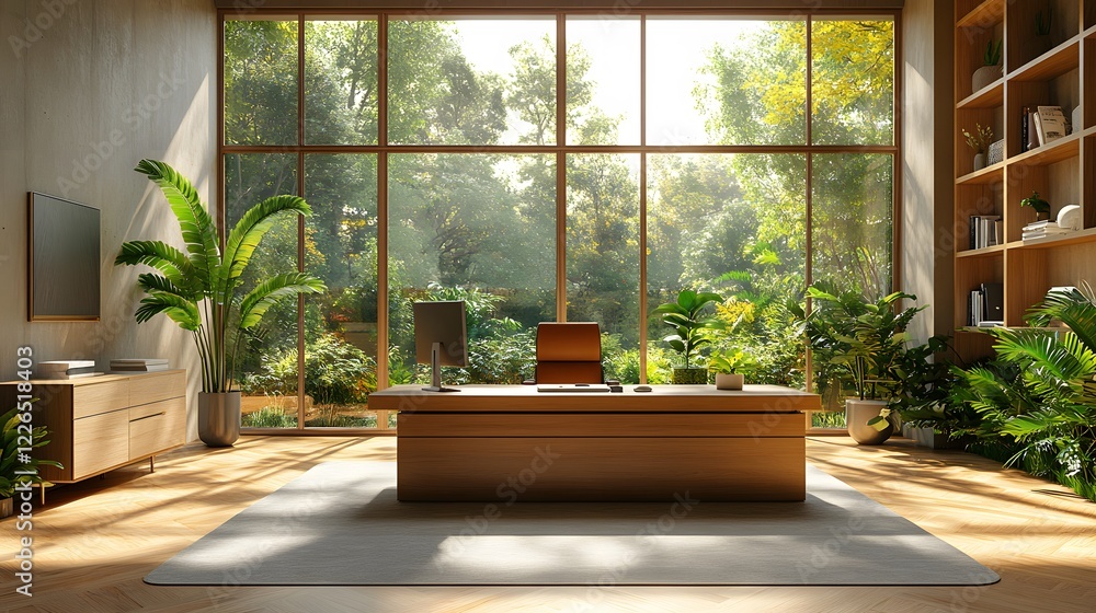 Bright 3D office setup with large windows, indoor plants, and modern shelving units, flat design, 8K high quality realistic images, Bright 3D office setup with large windows, indoor plants, and modern shelving units, flat design, 8K high quality realistic images,