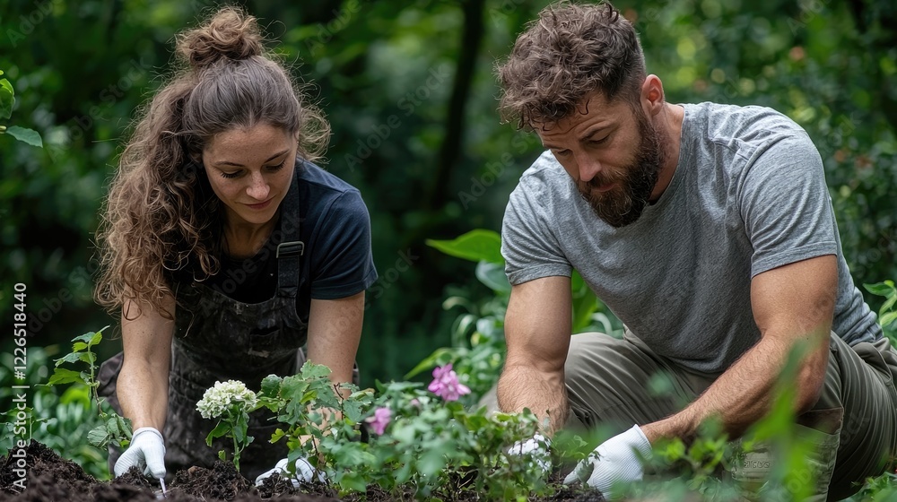 Couple gardening together in lush garden, planting flowers.  Website banner, blog post