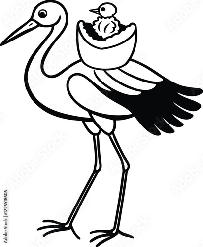 A Line art stork carrying a baby bundle.