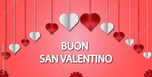 An elegant Valentine's Day card featuring red and silver hanging hearts with a soft pink gradient background. The Italian text 