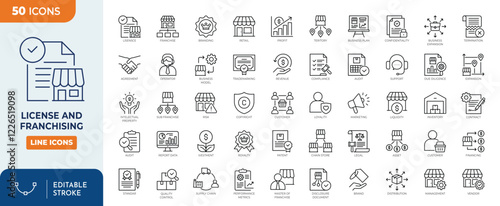 License and franchising line editable icon set. Containing franchise, trademark, copyright, patent, intellectual property, asset, agreement, royalty, and more icons. Vector illustration