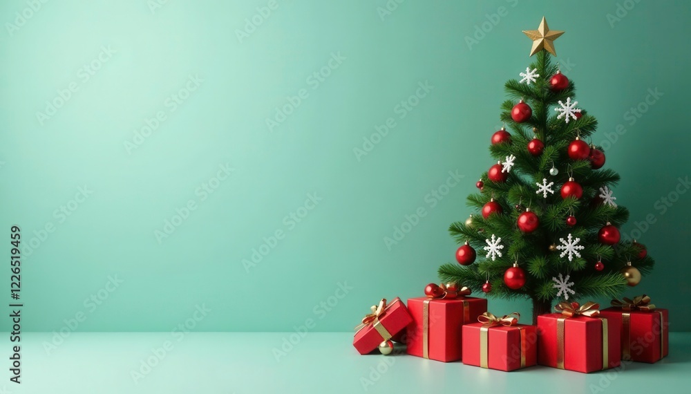 Red and green Christmas tree with red presents and white snowflakes, festive lights, decorative items Red and green Christmas tree with red presents and white snowflakes, festive lights, decorative items