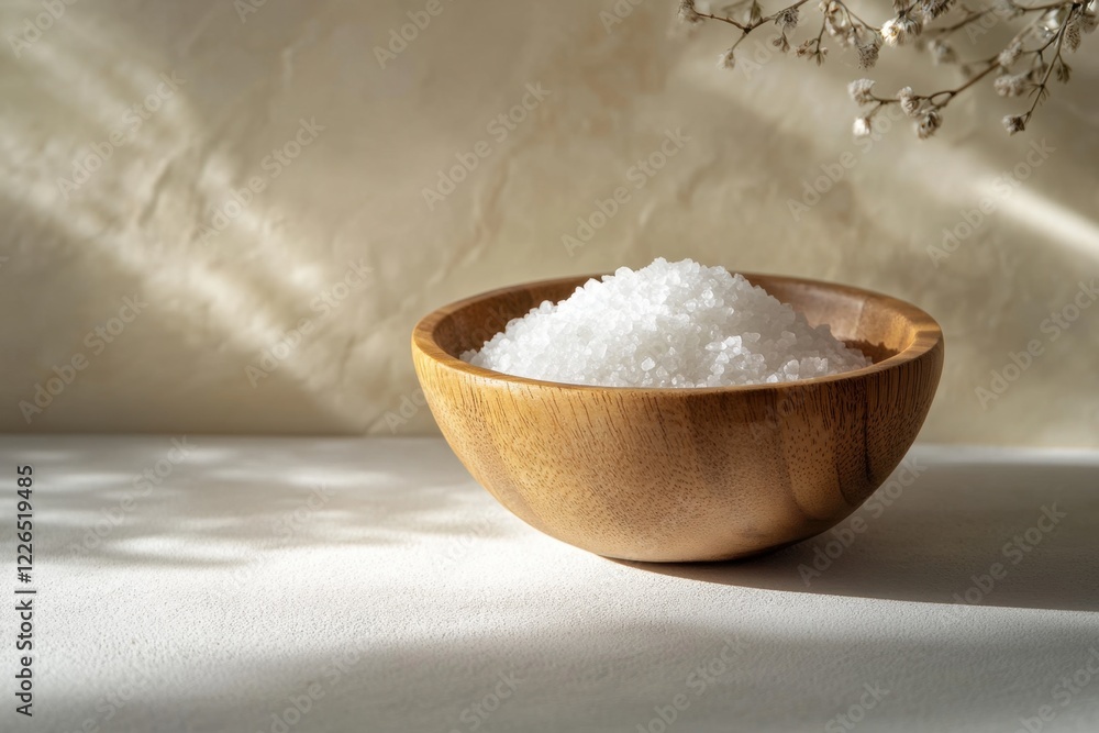 A wooden bowl filled with coarse white salt sits on a sunlit surface. A wooden bowl filled with coarse white salt sits on a sunlit surface.