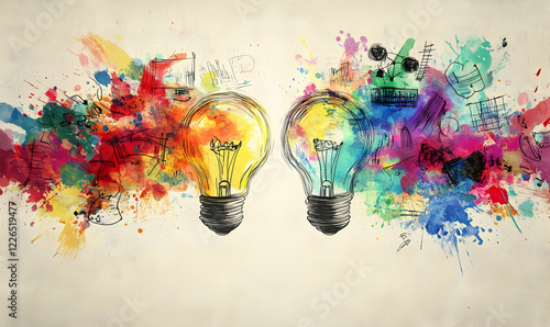 Two vibrant lightbulbs bursting with colorful watercolor splashes and creative doodles, symbolizing innovative ideas and brainstorming.