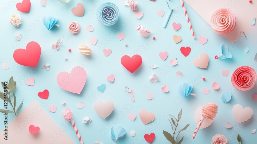 Valentine mockup card elements design. Hearts Paper Confetti And Paper Flowers Decoration Pastel Colors Scattered On Soft Blue Surface. Valentine mockup card elements design. Hearts Paper Confetti And Paper Flowers Decoration Pastel Colors Scattered On Soft Blue Surface.