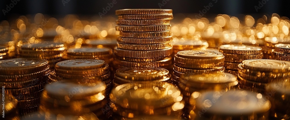Golden coins stacked high, representing wealth and prosperity. Golden coins stacked high, representing wealth and prosperity.