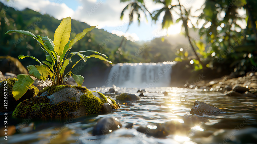 Obraz premium A serene landscape featuring a small waterfall, lush greenery, and a close-up view of plants growing near the water's edge.