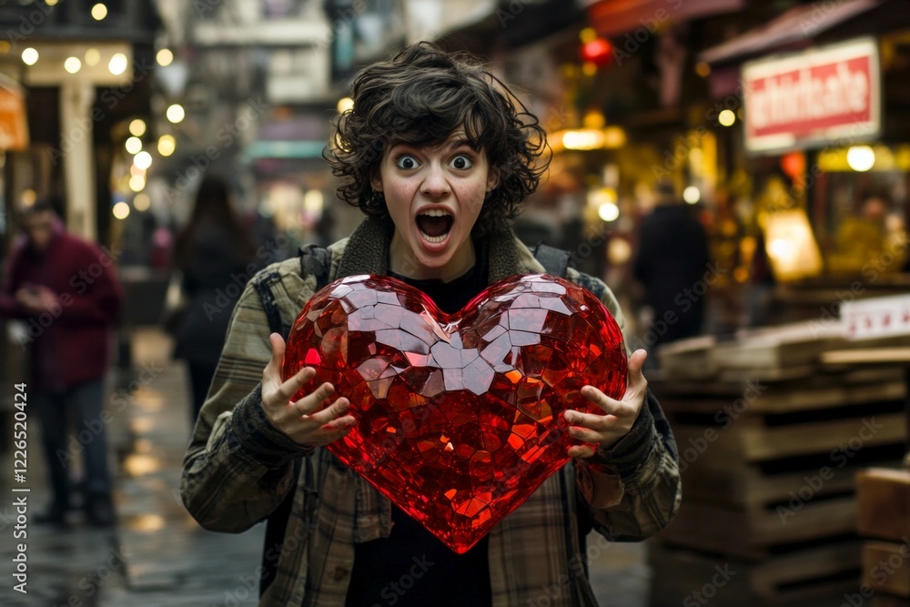 Fototapeta premium Sign of love and affection. Commercial promotion visual idea. Youth valentine's day greeting card: young woman with astonished face holds red heart in hands. Heart-themed valentine's decor.