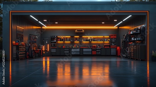 Modern home garage with a clean floor, tool cabinets, and storage racks, 3D rendering, 8K high quality realistic images,