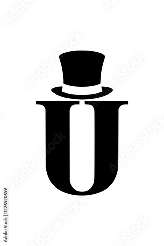 Letter U with Stylish Top Hat Illustration , Black and white artistic letter U wearing a classic top hat, representing sophistication, elegance, and creative typography with a vintage touch.  
 
