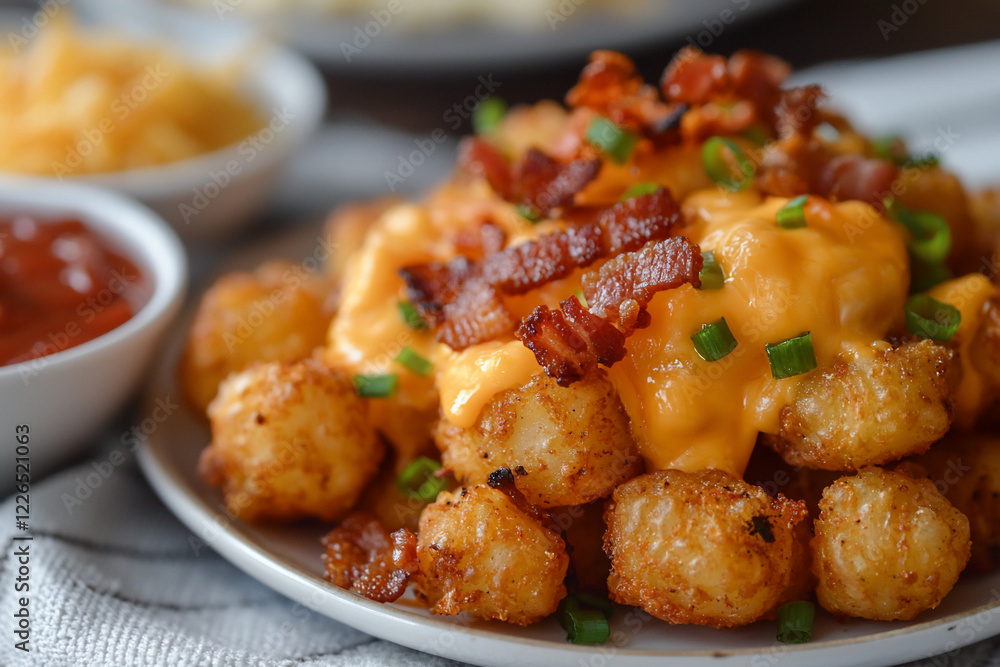 Delicious plate of cheesy bacon tater tots garnished with green onions, served with dipping sauces Delicious plate of cheesy bacon tater tots garnished with green onions, served with dipping sauces