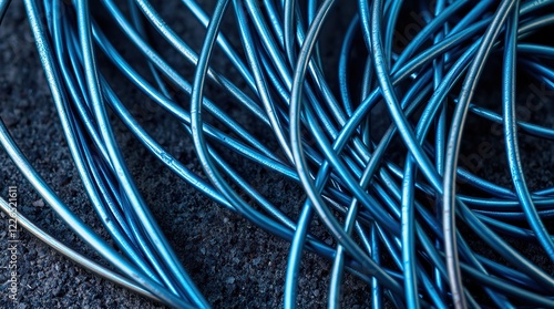 Blue copper wires, set against a textured background that adds depth and tactility to the image, with the wires themselves taking center stage, evoking a sense of industrial precision and modernity.