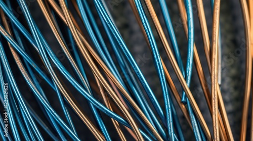 Blue copper wires, set against a textured background that adds depth and tactility to the image, with the wires themselves taking center stage, evoking a sense of industrial precision and modernity.