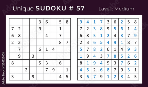 Vector sudoku puzzle with answer. Sudoku, number puzzle game with numbers for kids and adults. photo