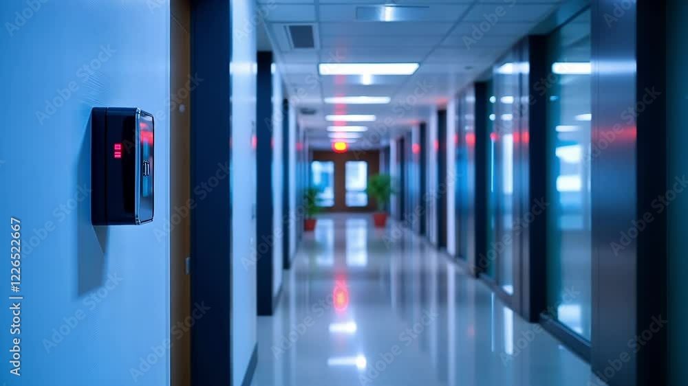 Flashing red light of an electronic keycard reader mounted on a white wall, providing access to a blurred office corridor illuminated by soft blue light, enhancing security and privacy Flashing red light of an electronic keycard reader mounted on a white wall, providing access to a blurred office corridor illuminated by soft blue light, enhancing security and privacy