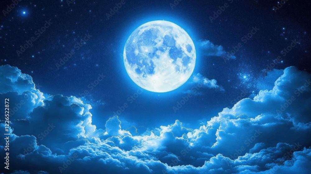 A serene night sky with a bright moon illuminating fluffy clouds. A serene night sky with a bright moon illuminating fluffy clouds.