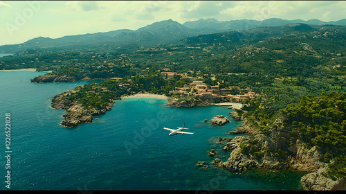 Private plane approaching coastal villa, mountains background. Travel brochure use photo