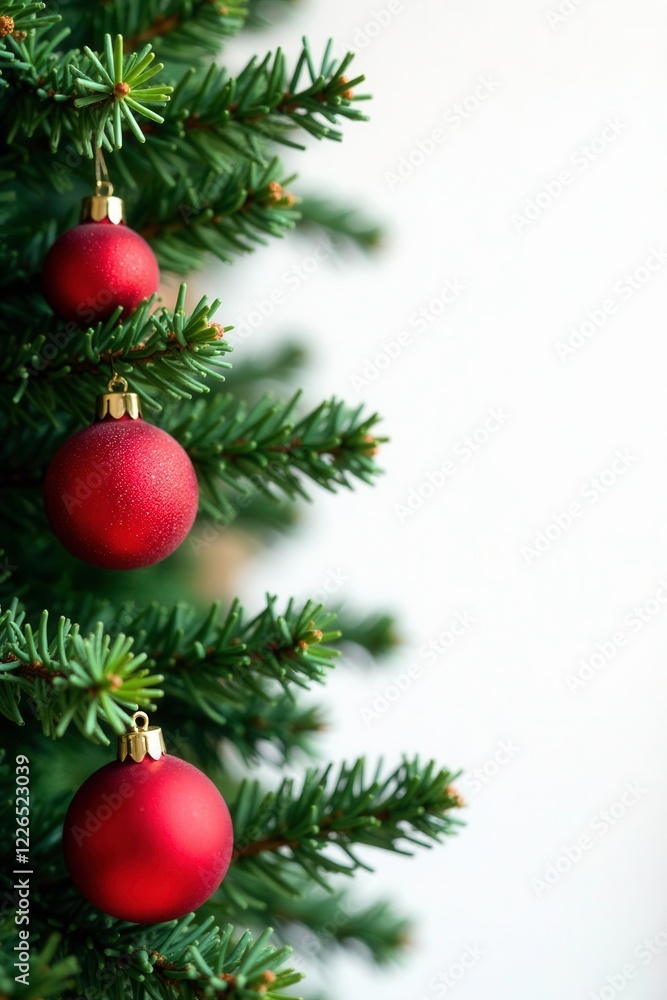 Fototapeta premium Red and green fir branch with Christmas balls, christmas balls, festive