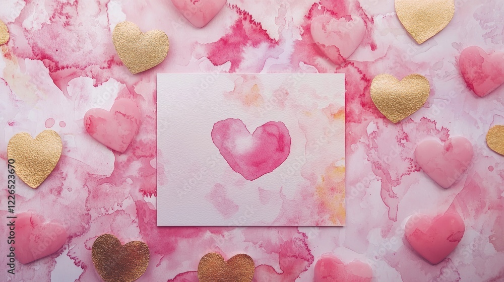 Fototapeta premium Valentine mockup card elements design. Pink Heart Shapes and Golden Hearts on a Pink Watercolor Background with Heart Greeting Card.