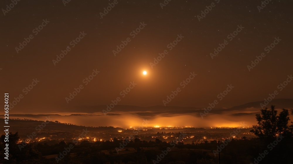 A serene night landscape with a glowing moon over a misty valley and distant lights. A serene night landscape with a glowing moon over a misty valley and distant lights.