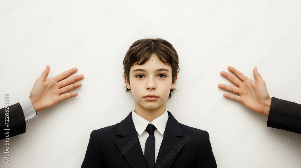 Two hands reaching out to school boy symbolizing collaboration in a class. Student. A school-aged child wearing school uniform. Kid. Youth. Youngster. Teenager. Classmates fool around. Prank Two hands reaching out to school boy symbolizing collaboration in a class. Student. A school-aged child wearing school uniform. Kid. Youth. Youngster. Teenager. Classmates fool around. Prank