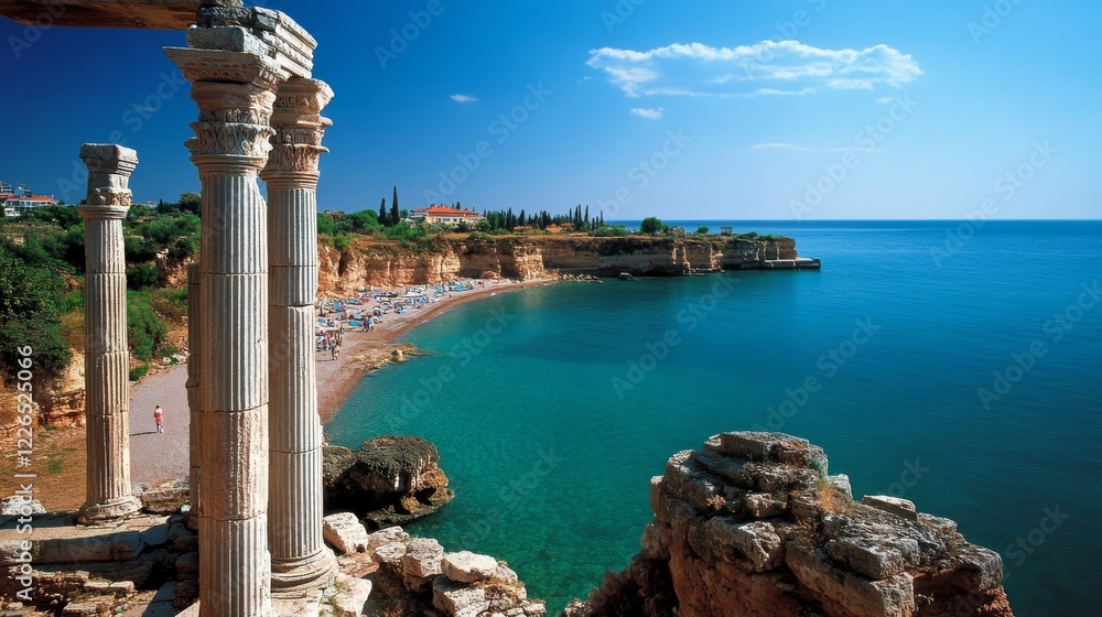 Fototapeta premium 15.The Temple of Apollo, an ancient and majestic ruin in Side, Antalya, is captured in a striking photograph with clear skies and the turquoise sea behind it. The worn columns, some still standing,